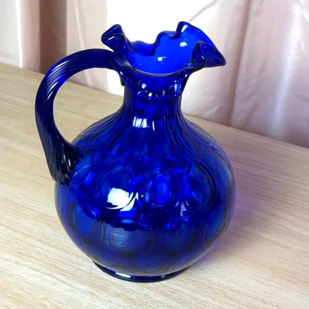 Fenton Cobalt Blue Dot Pitcher with Raised Swirl Handle - Picture 5 of 13